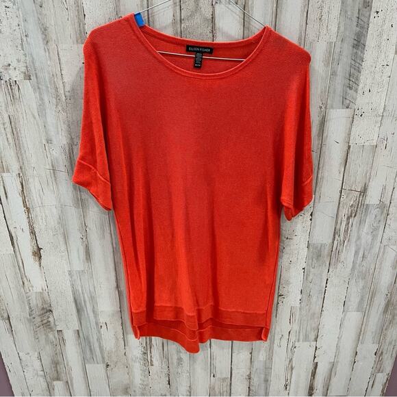 Eileen Fisher Short Sleeve SIlk Blend Sweater Bright Orange - Picture 2 of 6